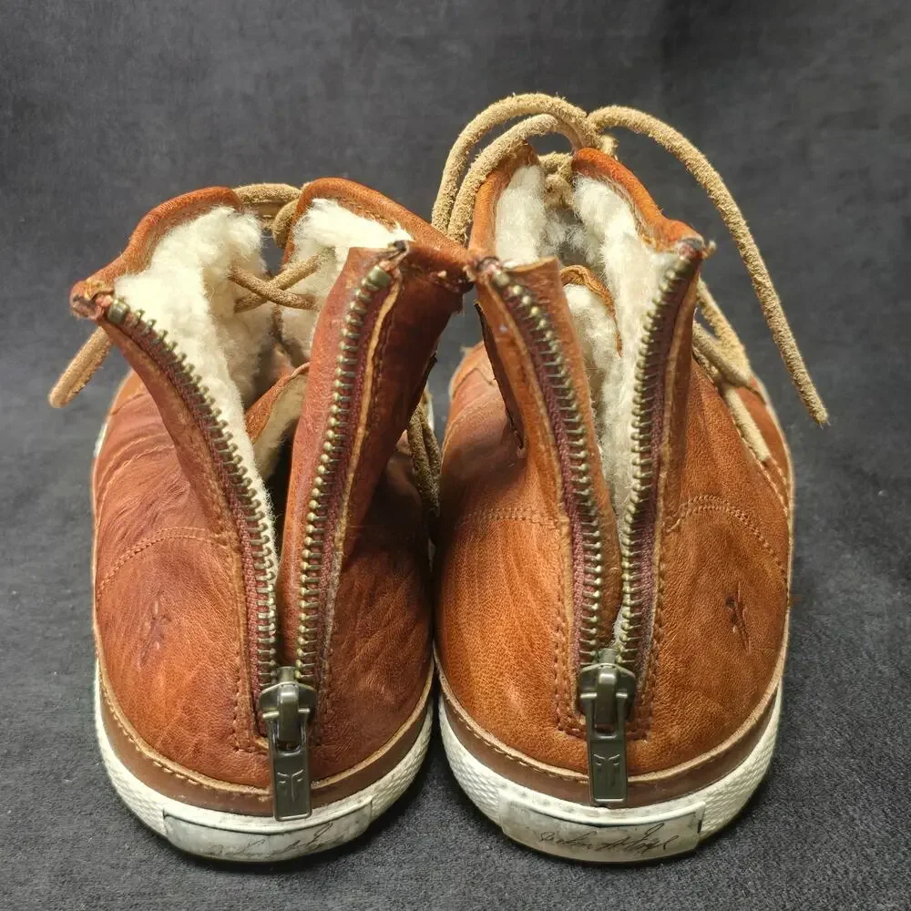 Frye Sheepskin Brown Leather High Top Zip Back Ankle Booties Sneakers Shoes